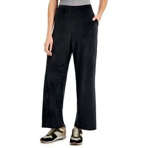 Charter Club Pants Women 2X Deep Black Velour Velvet Wide-Leg Elastic Waist